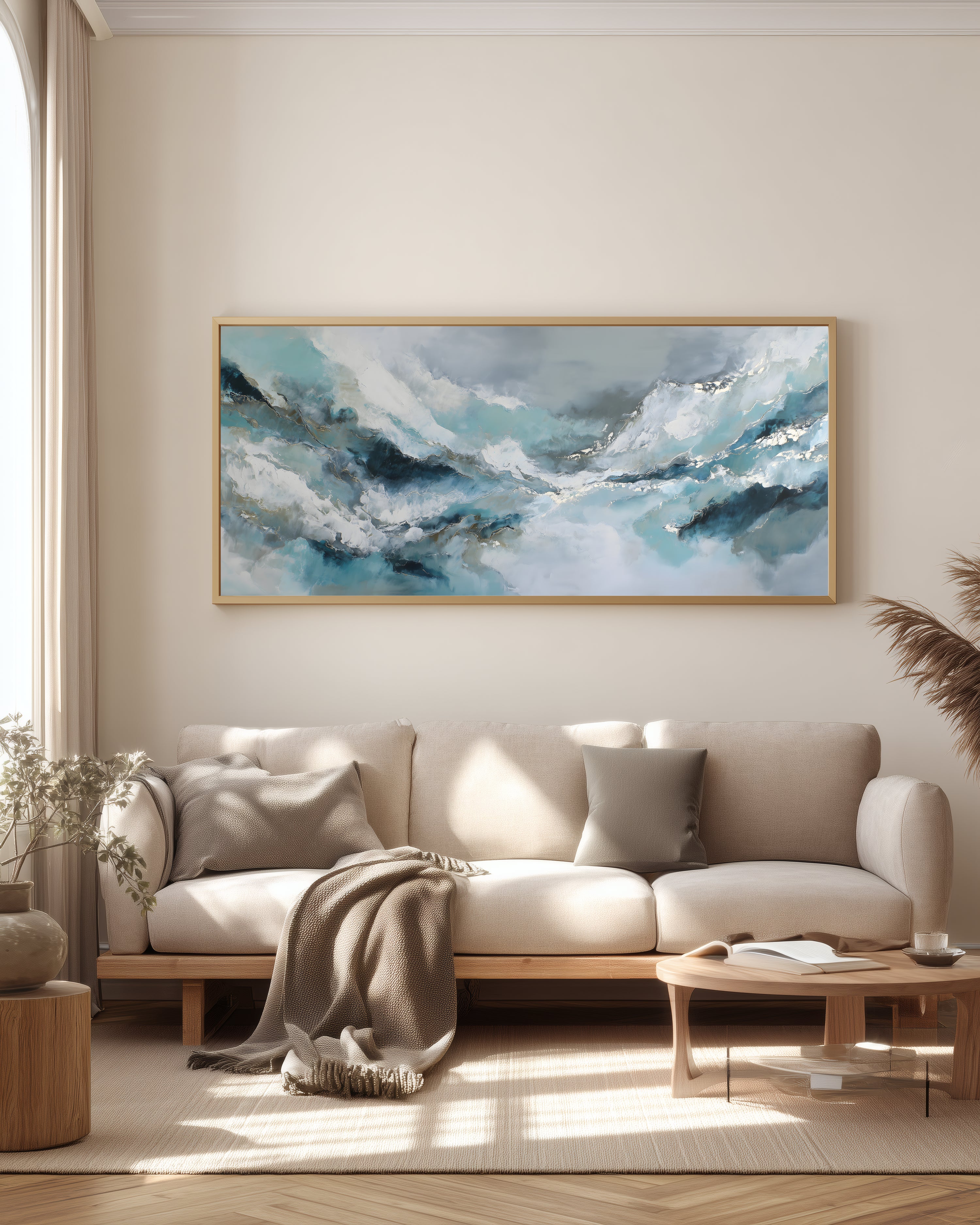 Arctic Light Panorama — full panoramic triptych — ice blue, teal, cool silver, and crystalline white