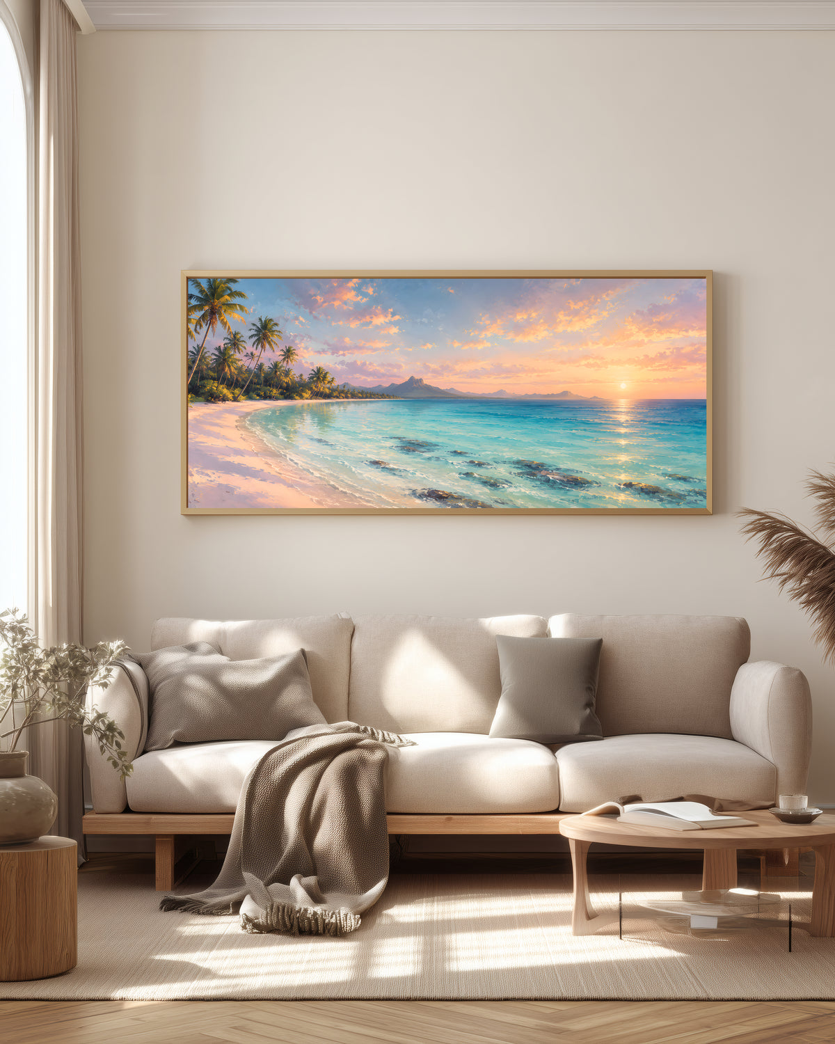 Trou aux Biches Dawn Lagoon — full panorama — Mauritius triptych — soft dawn light over pale turquoise lagoon, gentle beach, tropical palms