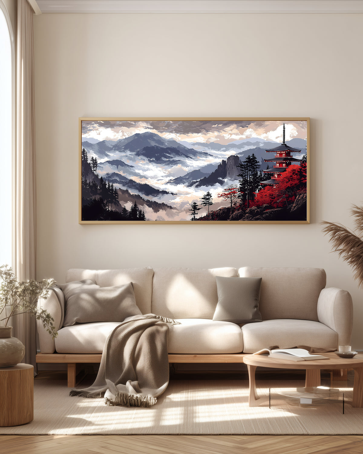 Temple Ridge Cloud Sea — full panoramic artwork — red pagoda above rolling cloud sea and mountain ridges