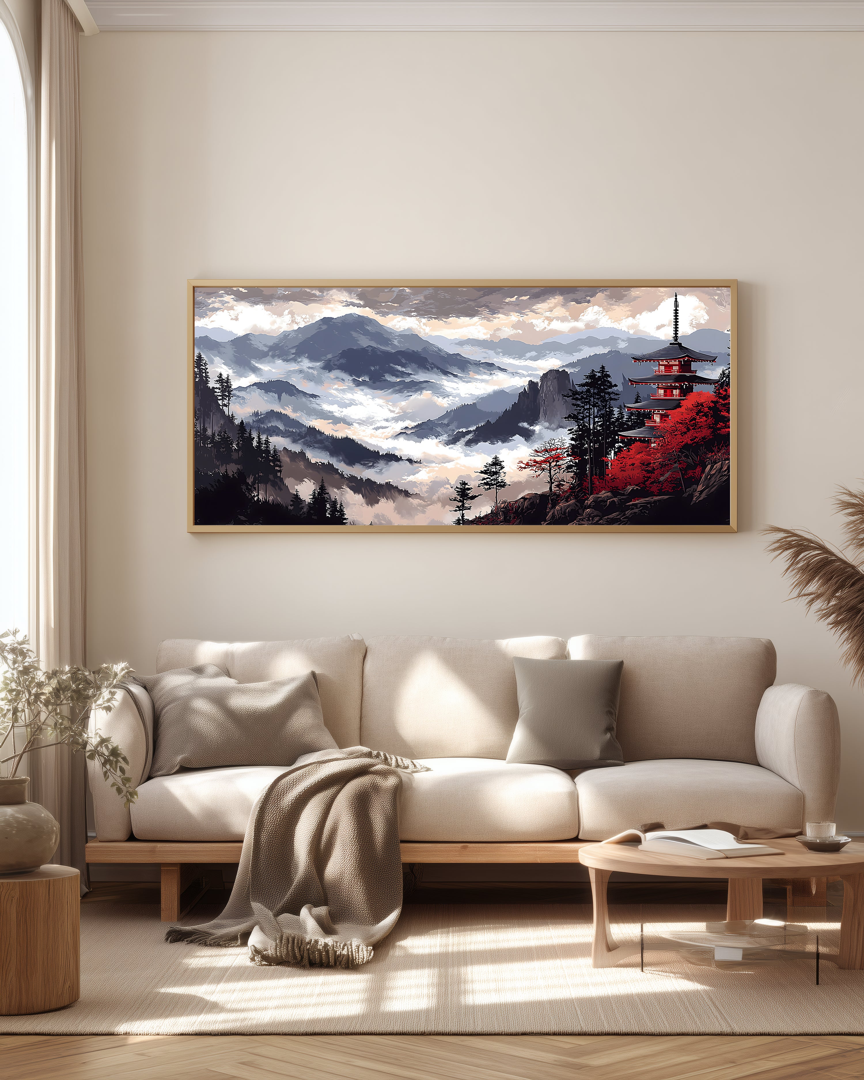 Temple Ridge Cloud Sea — full panoramic artwork — red pagoda above rolling cloud sea and mountain ridges