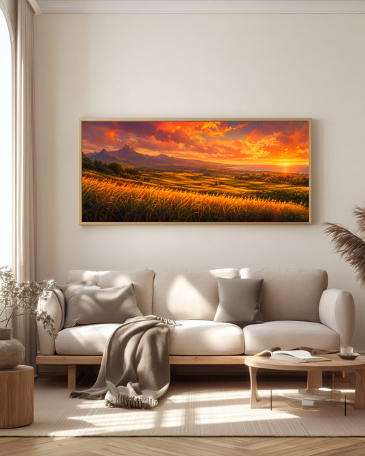 Sugarcane Fields at Sunset — full panorama — Mauritius triptych — golden sugarcane fields under warm amber sunset sky, rolling hills