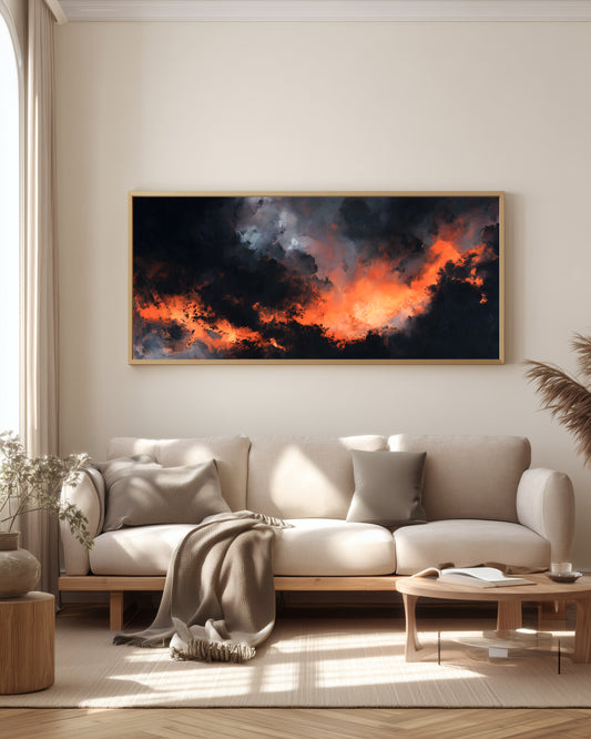 Ember Horizon Panorama — full panoramic triptych — deep charcoal, near-black, vivid ember orange, and copper