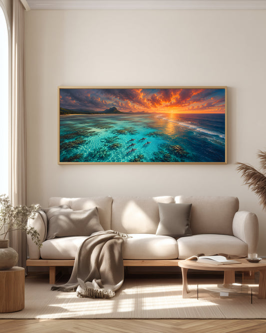 Dolphins In The Lagoon — full panorama — Mauritius triptych — dolphins swimming in luminous teal lagoon, Le Morne beyond