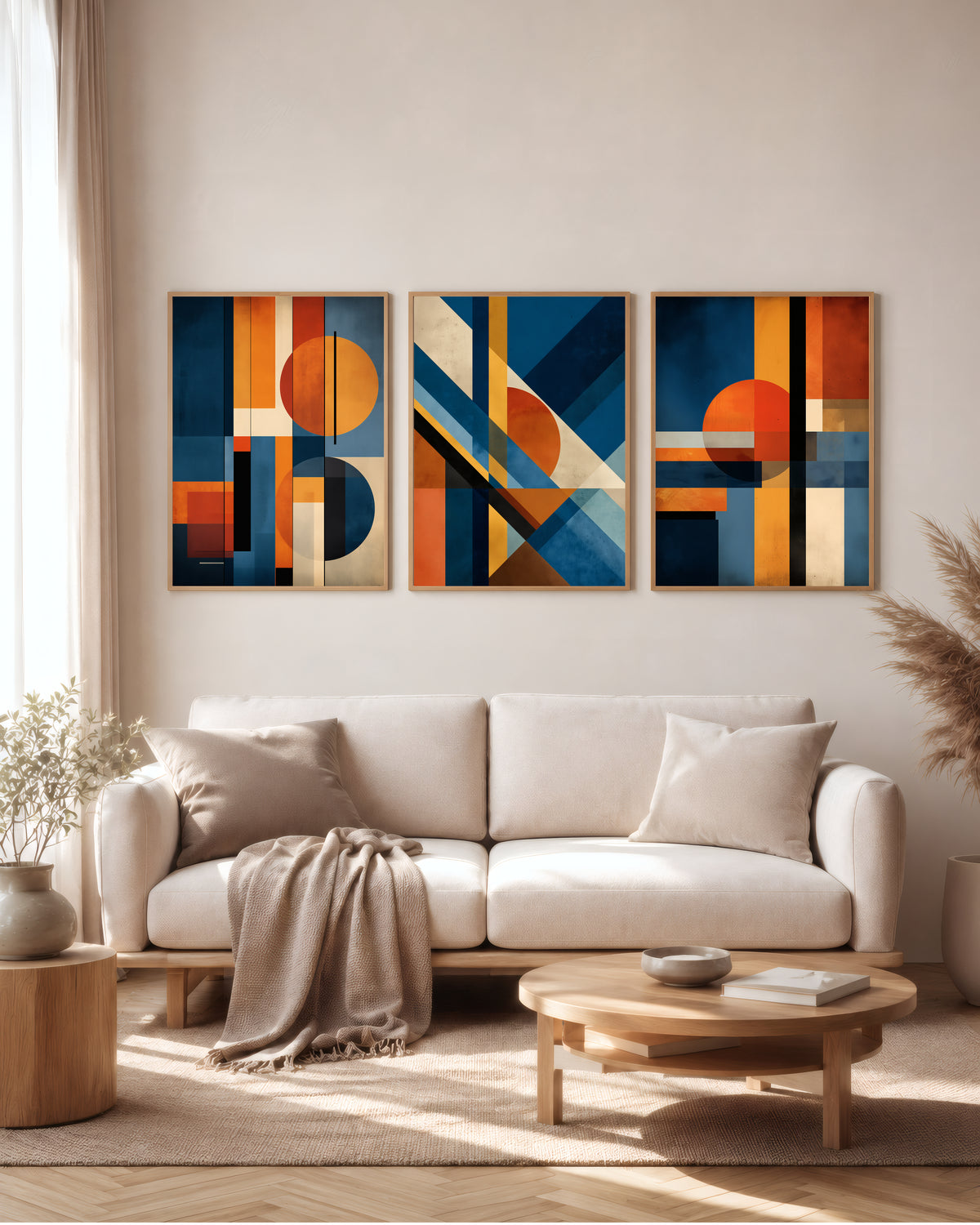 Cobalt Clay Planes set of 3 printable wall art shown together in a premium interior mockup