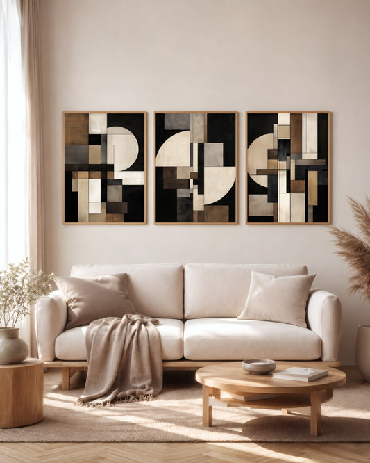 Midnight Form set of 3 printable wall art shown together in a premium interior mockup