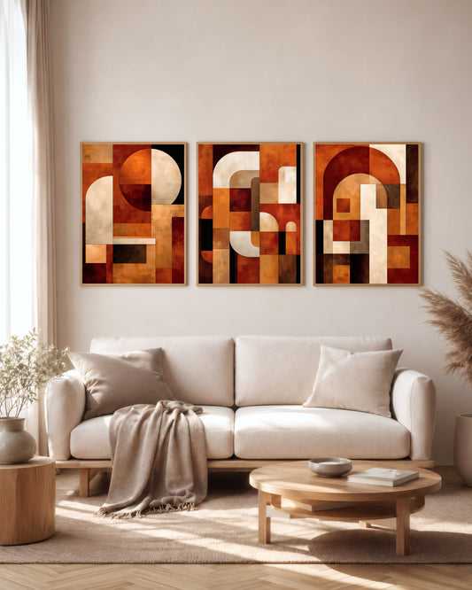 Terracotta Construct set of 3 printable wall art shown together in a premium interior mockup