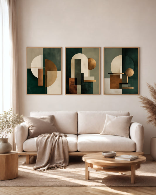 Verdant Form Balance set of 3 printable wall art shown together in a premium interior mockup