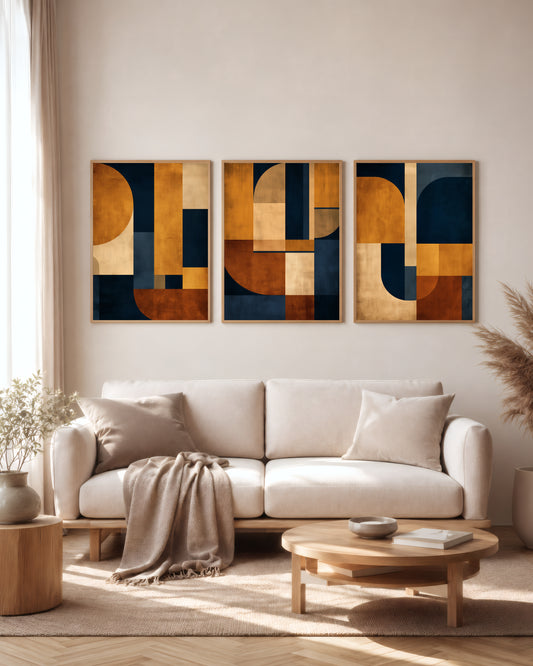 Navy Ochre Grid set of 3 printable wall art shown together in a premium interior mockup