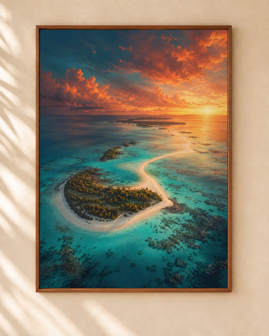 Île aux Cerfs art print in a walnut frame on a cream plaster wall