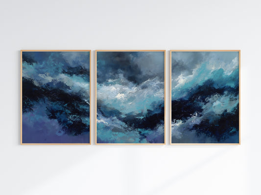 Midnight Storm Panorama — close-up detail — luminous storm-break light passage through deep indigo and teal masses