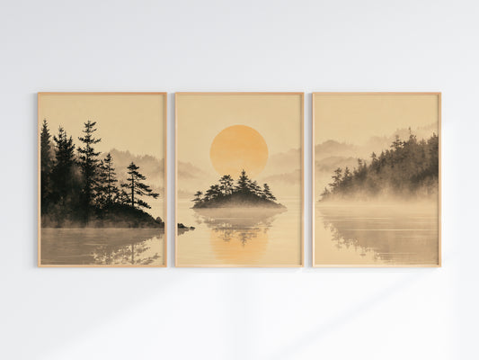 Close-up of Misty Lake Pines panorama — pine and amber water reflection detail