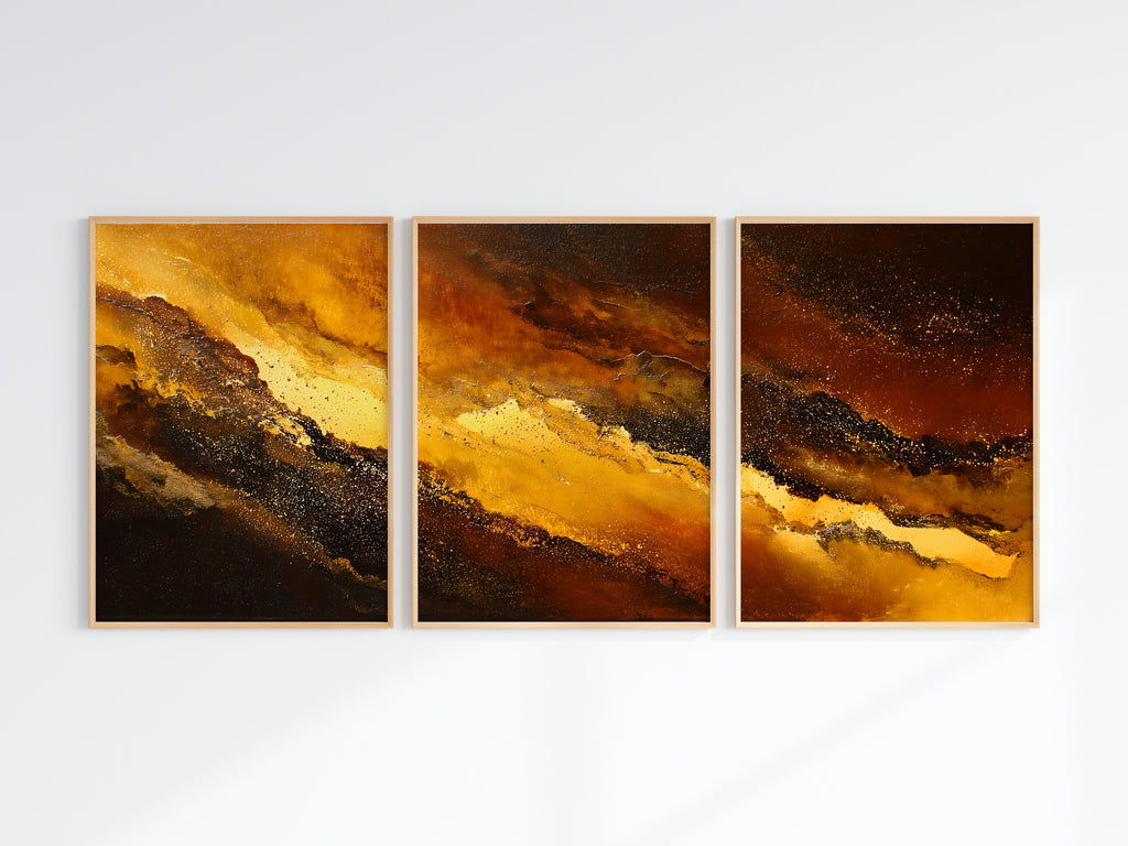 Molten Surge Panorama — close-up detail — luminous golden diagonal surge through dark amber and near-black masses