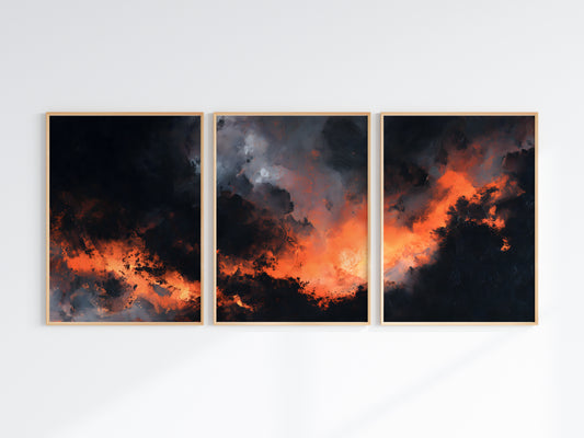 Ember Horizon Panorama — close-up detail — vivid ember orange and copper glow radiating through near-black charcoal masses