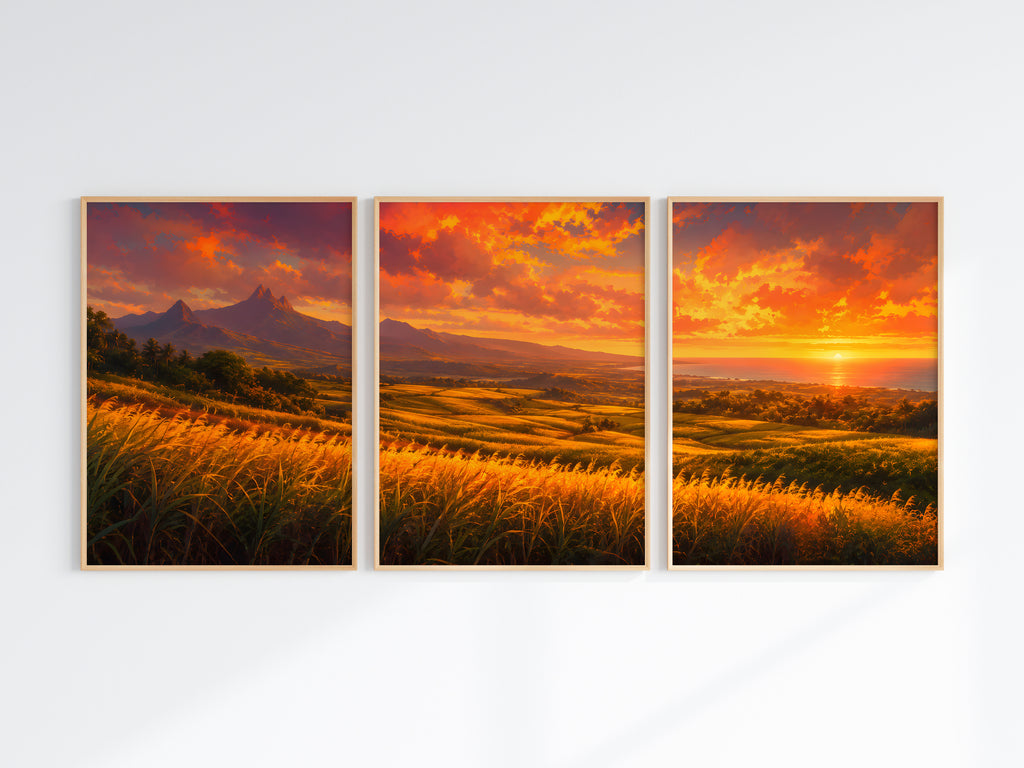 Close-up of Sugarcane Fields at Sunset panorama — golden sugarcane and warm amber sunset detail