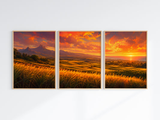Close-up of Sugarcane Fields at Sunset panorama — golden sugarcane and warm amber sunset detail