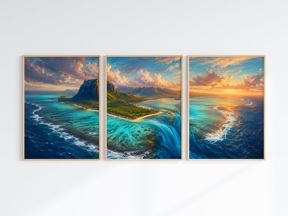 Close-up of Le Morne Aerial Reef panorama — aerial coral reef and turquoise lagoon detail