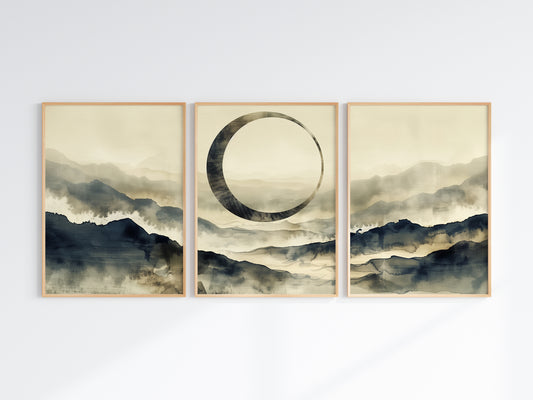 Close-up of Enso Misty Mountain Horizon panorama — enso circle and mountain mist detail