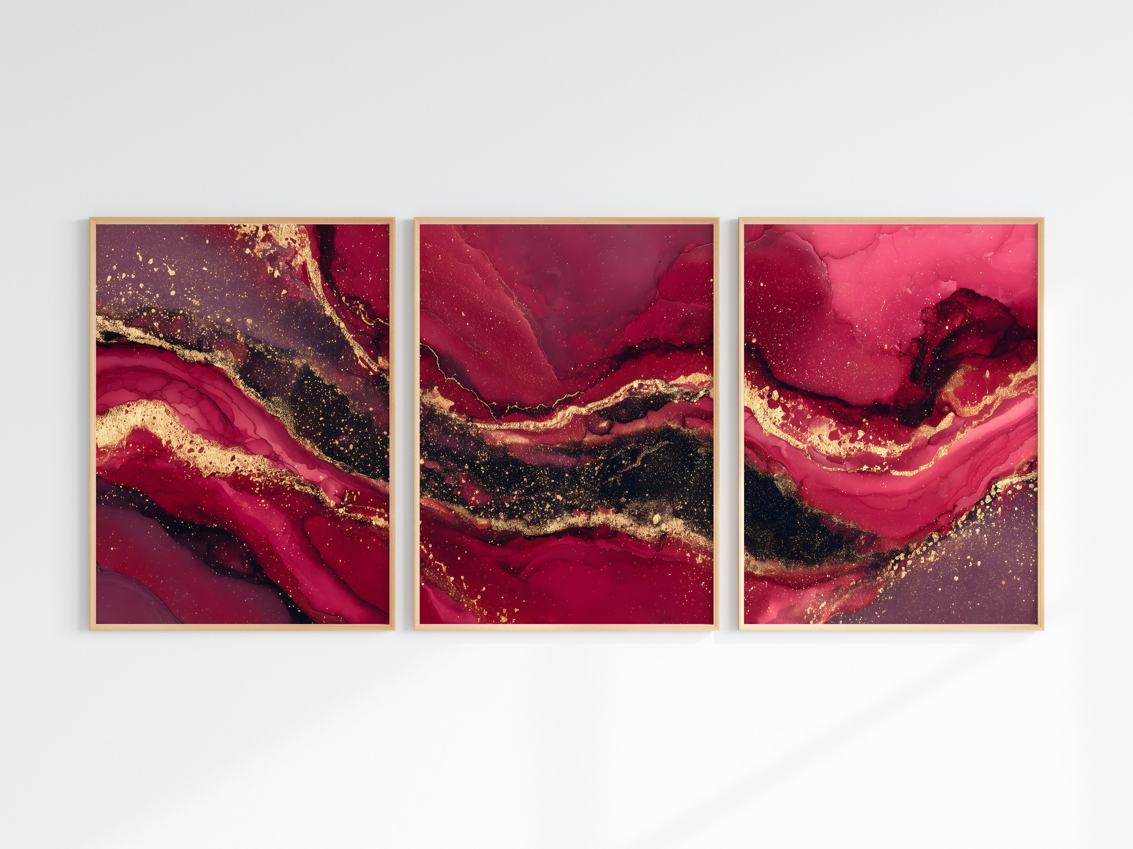 Garnet Gold Panorama — close-up detail — antique gold fault lines in deep crimson and garnet ink