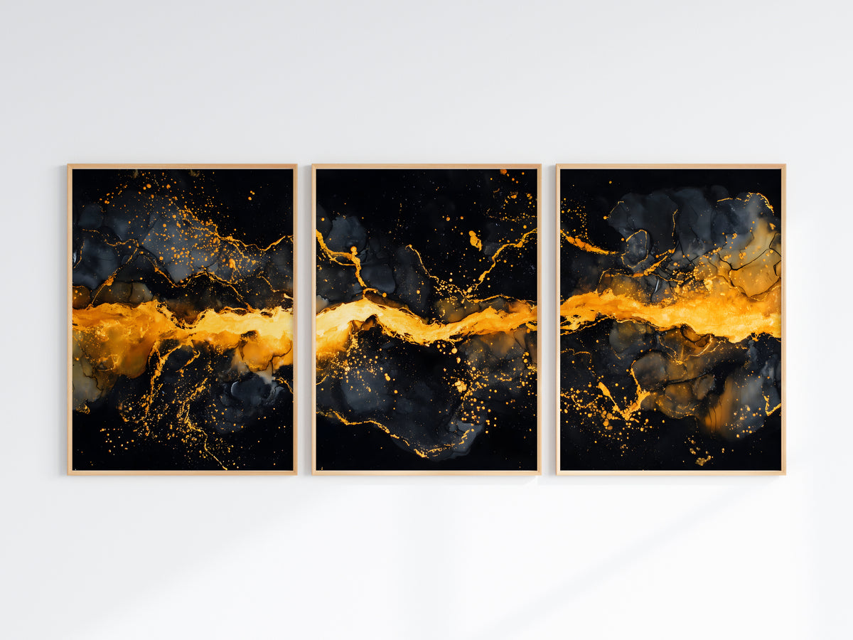 Obsidian Gold Panorama — close-up detail — bold horizontal gold river cutting through dark ink masses