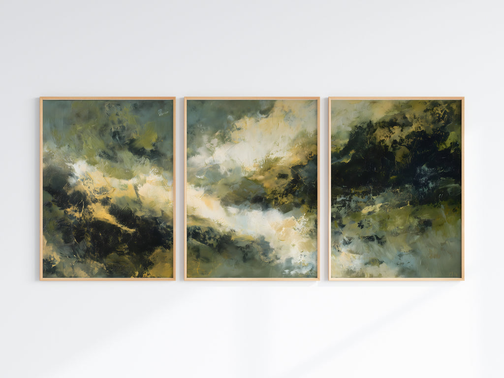 Sage Storm Panorama — close-up detail — warm ivory diagonal light sweep through deep sage and olive painterly masses