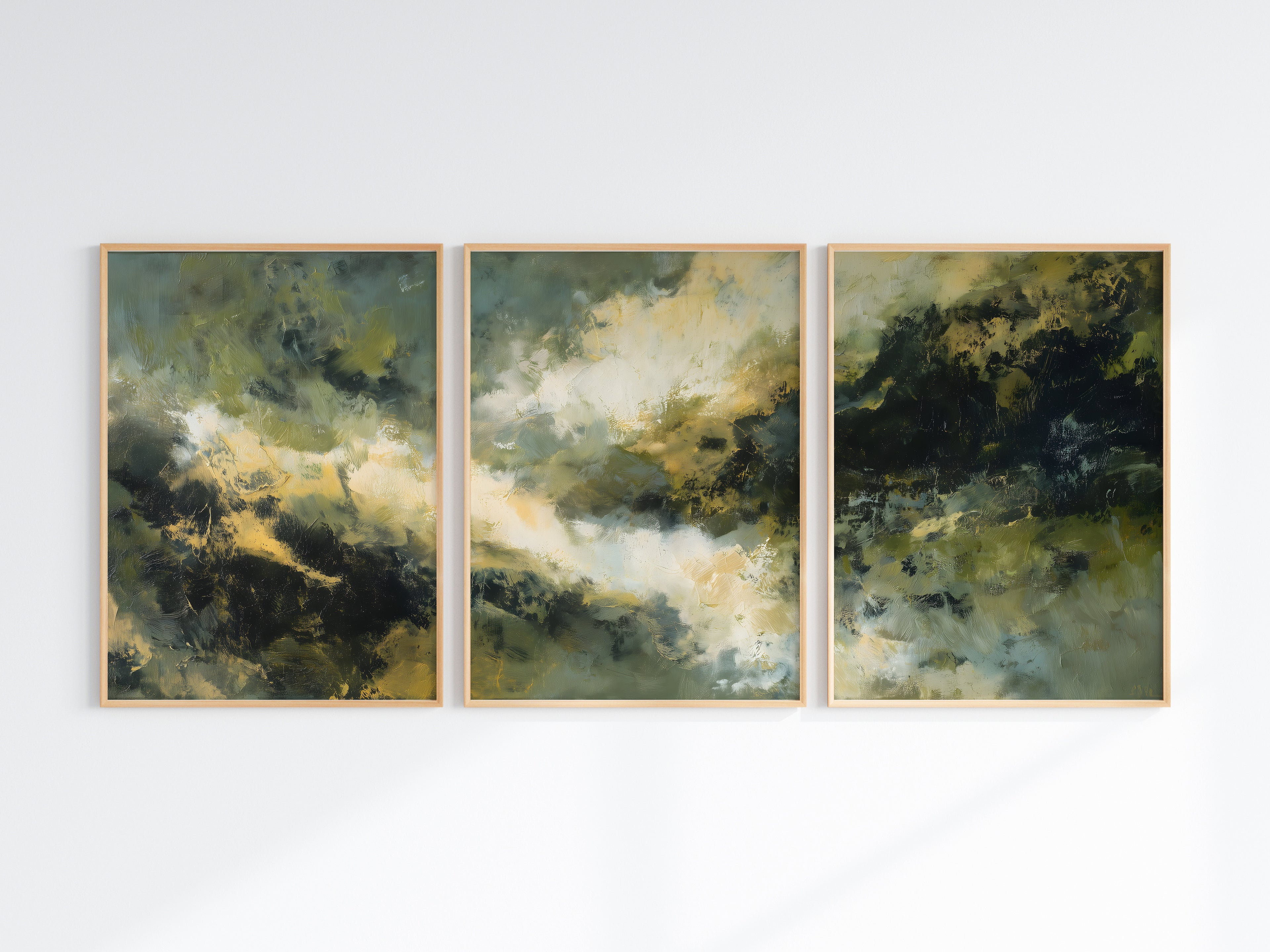Sage Storm Panorama — close-up detail — warm ivory diagonal light sweep through deep sage and olive painterly masses