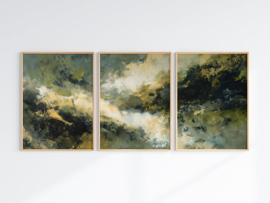 Sage Storm Panorama — close-up detail — warm ivory diagonal light sweep through deep sage and olive painterly masses