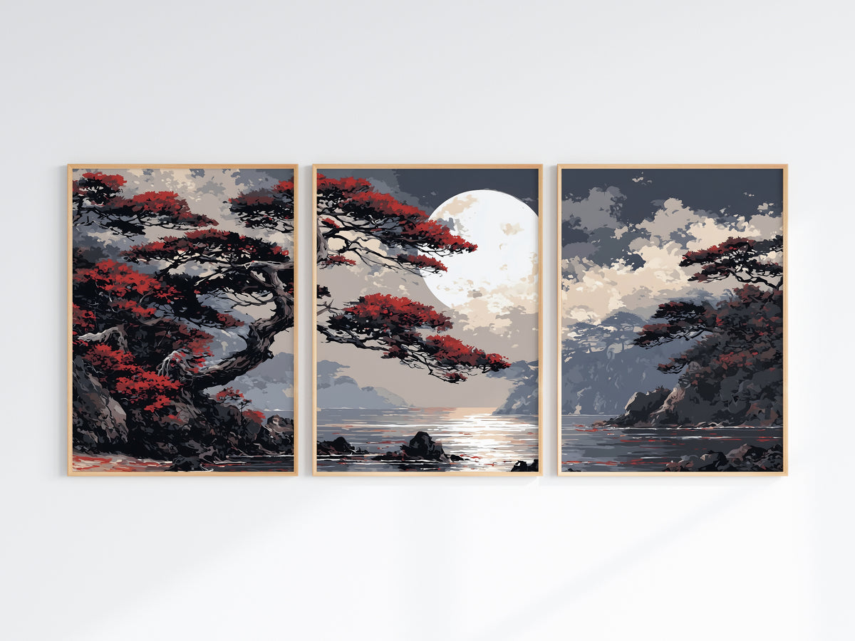 Crimson Moon Shore — detail crop showing crimson pine foliage and full moon