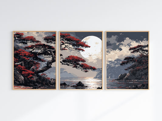 Crimson Moon Shore — detail crop showing crimson pine foliage and full moon