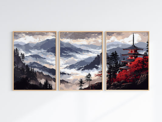 Temple Ridge Cloud Sea — detail crop showing red pagoda and crimson maple against cloud sea