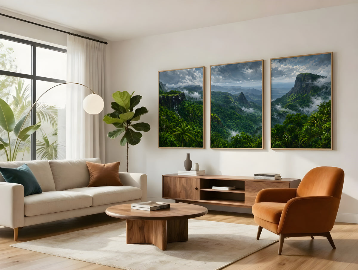 Black River Gorges Canopy panorama displayed in a styled interior — Mauritius rainforest triptych above sofa