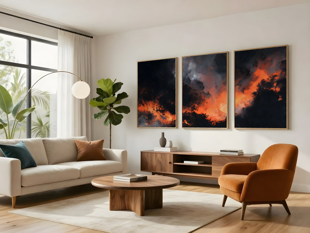 Ember Horizon Panorama displayed as three-panel triptych in a premium interior