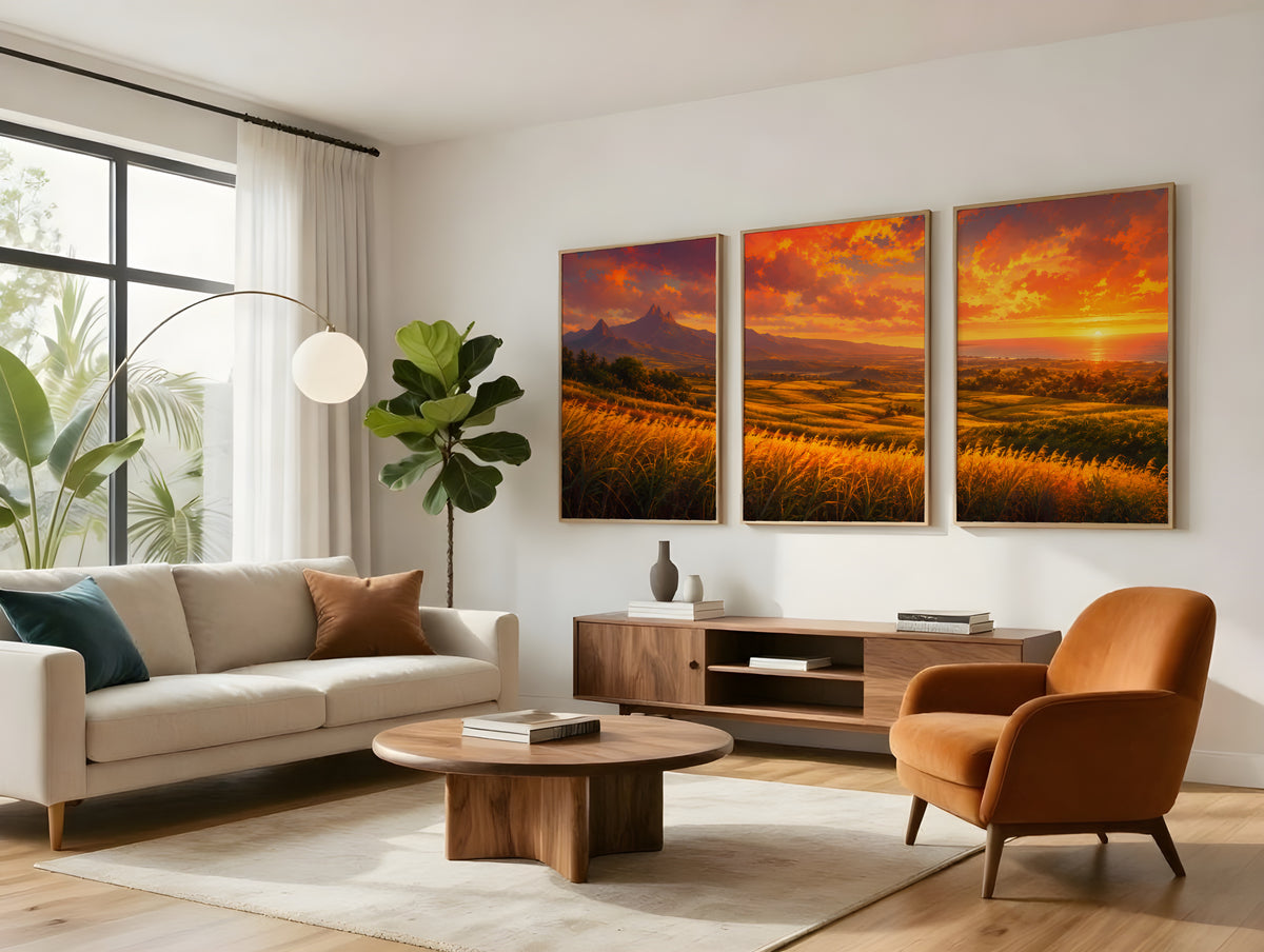 Sugarcane Fields at Sunset panorama displayed in a styled interior — Mauritius landscape triptych above sofa