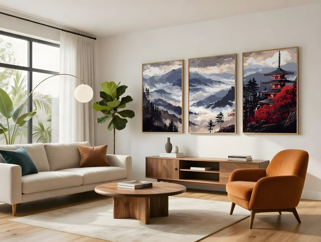 Temple Ridge Cloud Sea panorama displayed as three panels in a premium interior