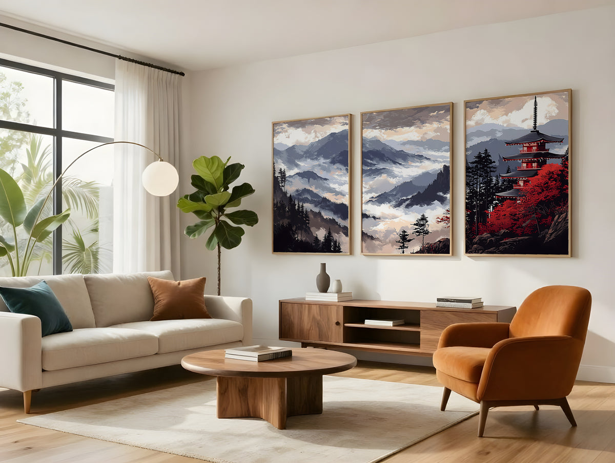Temple Ridge Cloud Sea panorama displayed as three panels in a premium interior