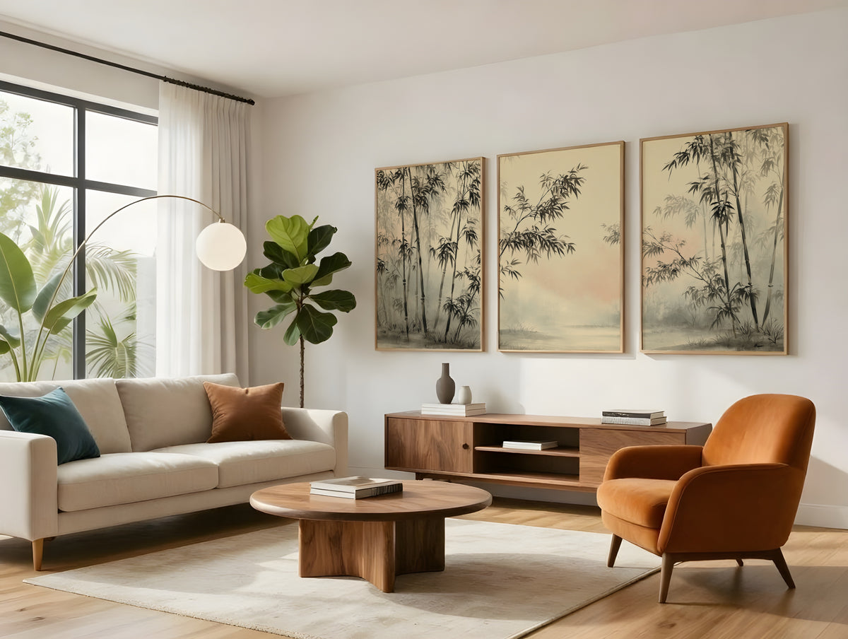 Bamboo Mist Forest panorama displayed in a styled interior — Japandi triptych wall art above sofa
