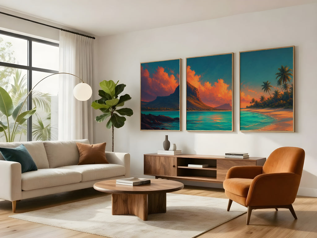 Le Morne Ember Lagoon panorama displayed in a styled interior — Mauritius sunset triptych above sofa
