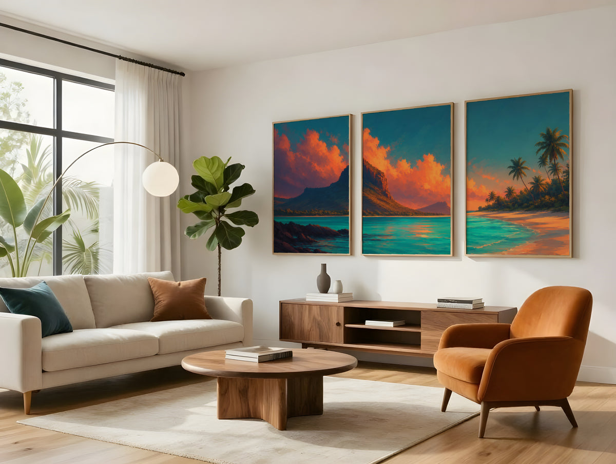 Le Morne Ember Lagoon panorama displayed in a styled interior — Mauritius sunset triptych above sofa