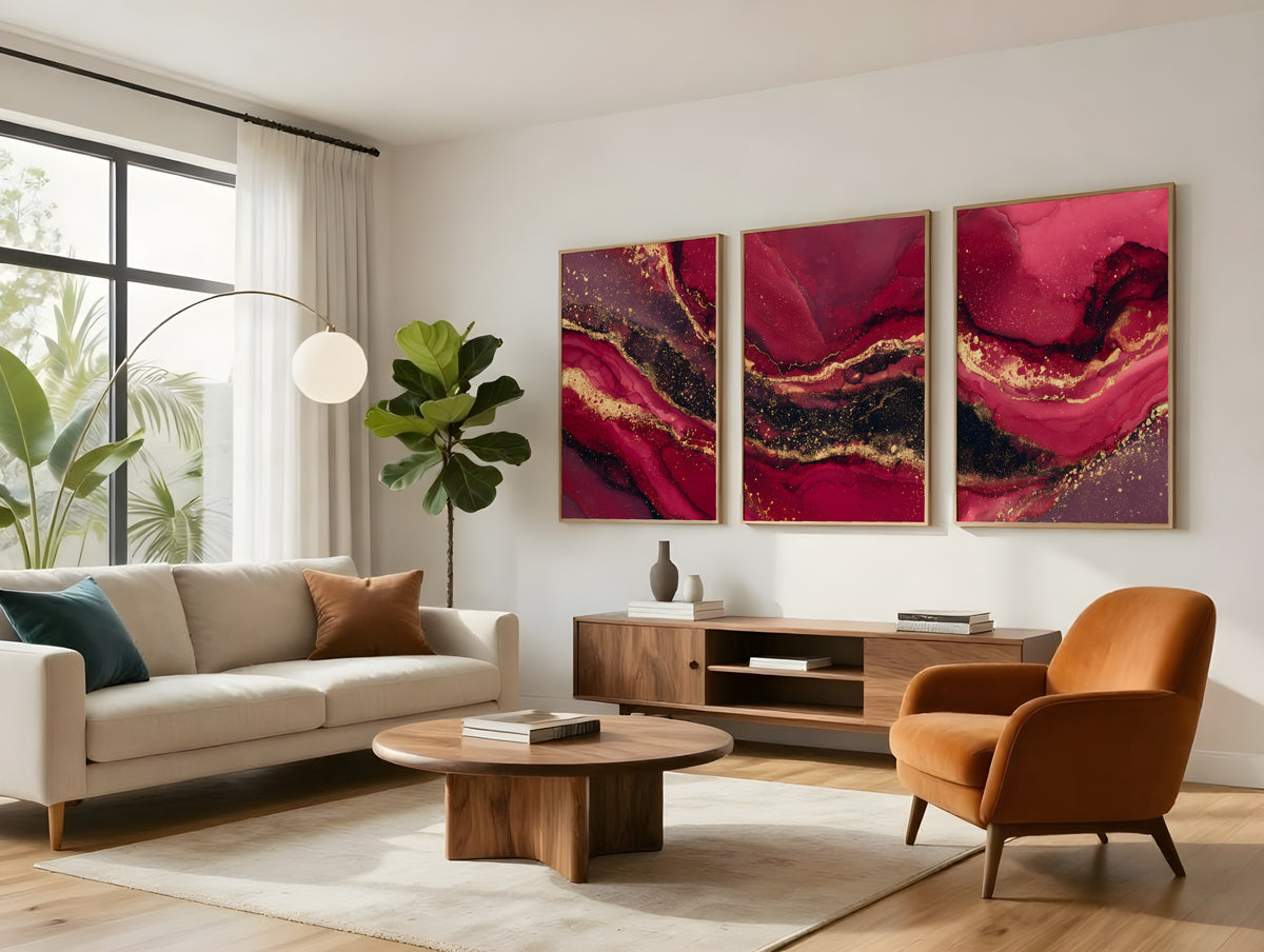 Garnet Gold Panorama displayed as three-panel triptych in a premium interior