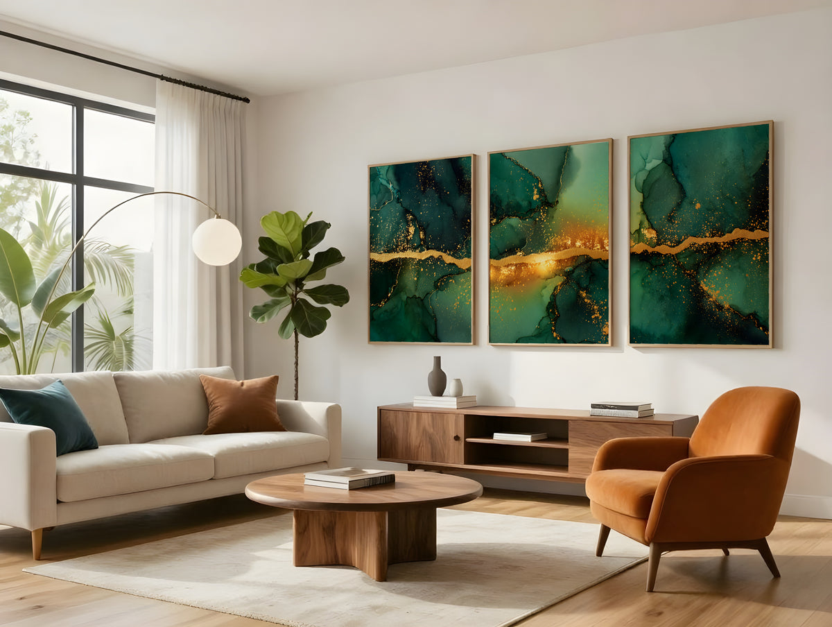 Emerald Gold Panorama displayed as three-panel triptych in a premium interior