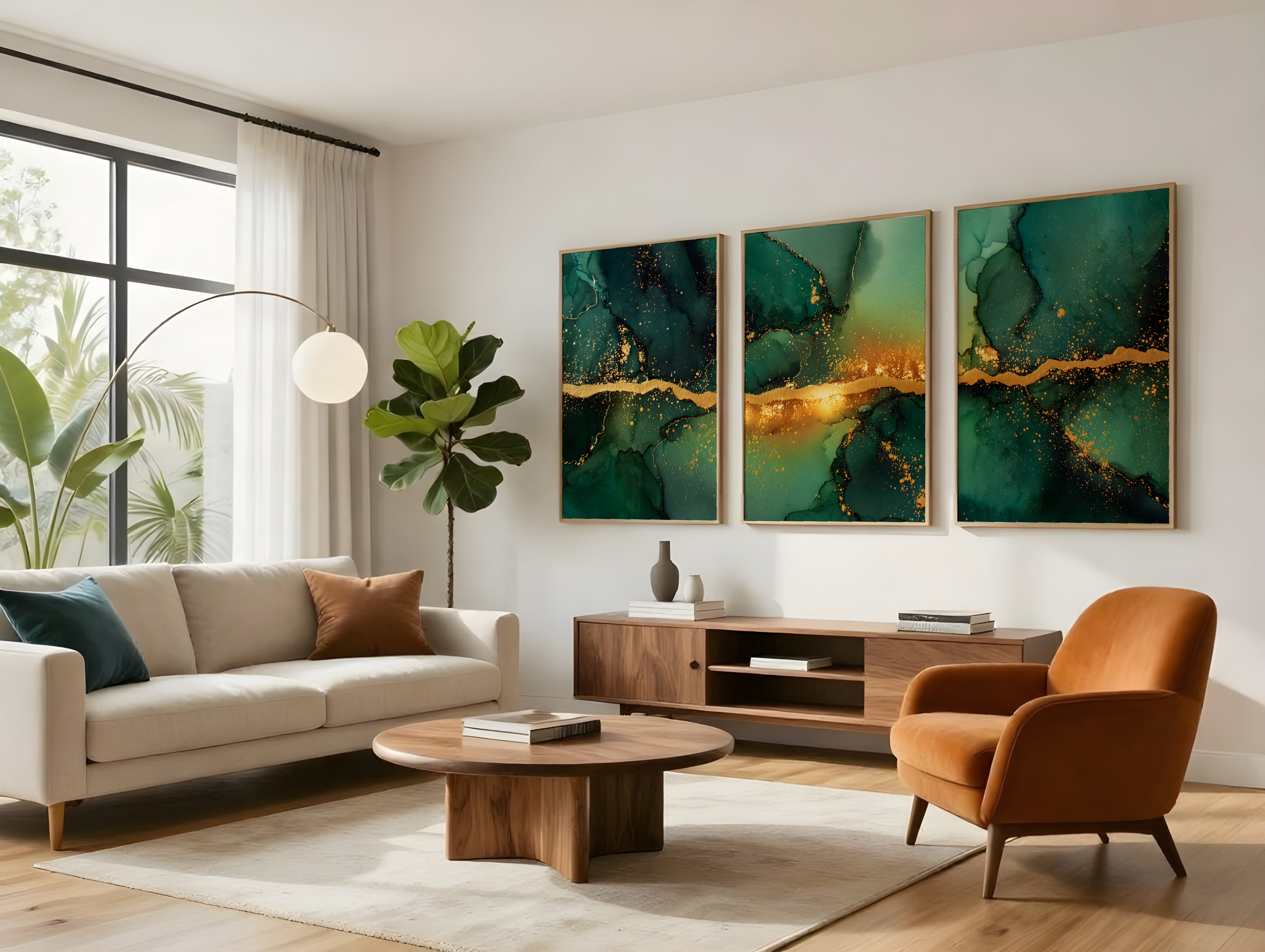 Emerald Gold Panorama displayed as three-panel triptych in a premium interior