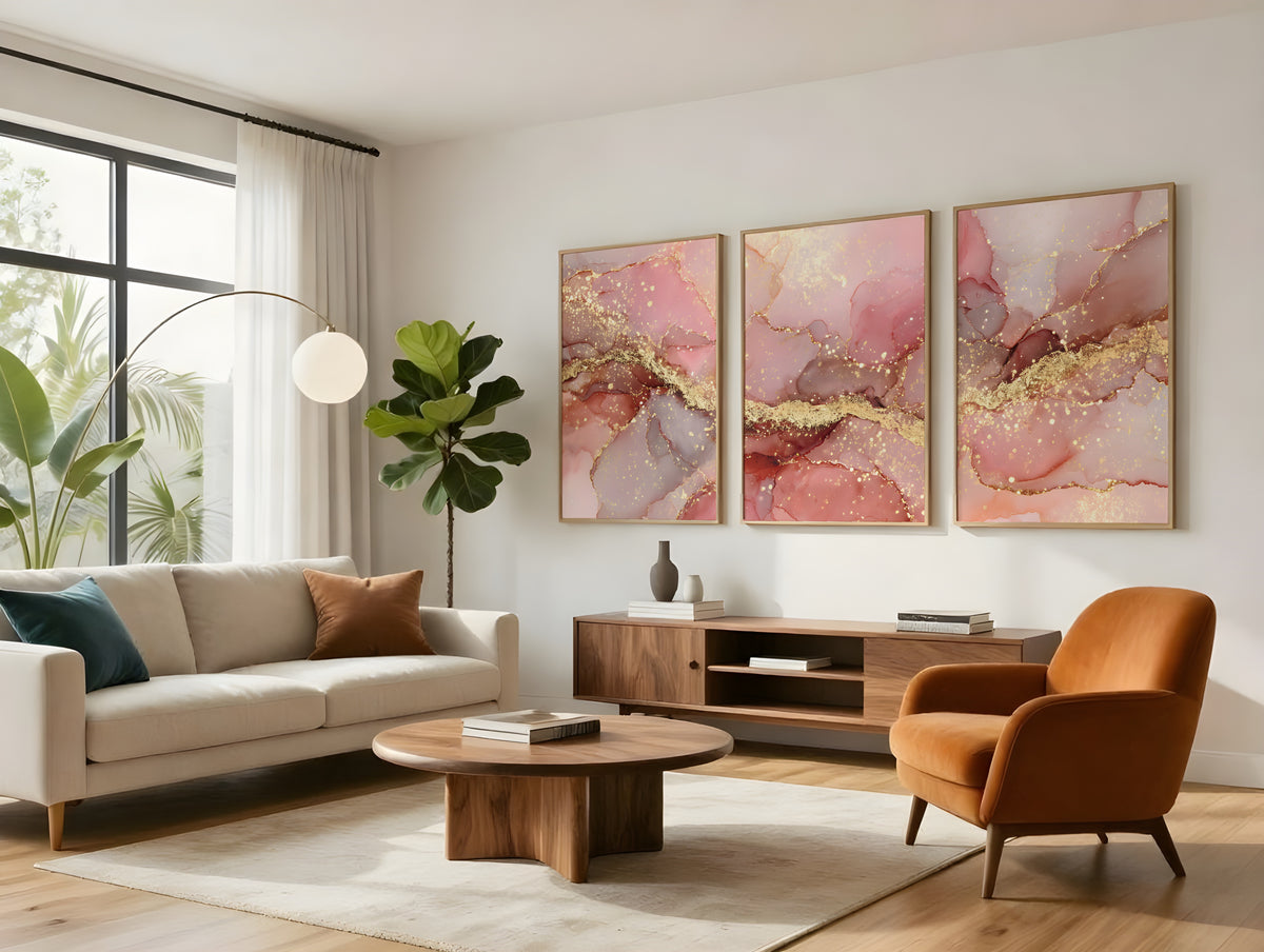 Pearl Gold Panorama displayed as three-panel triptych in a premium interior