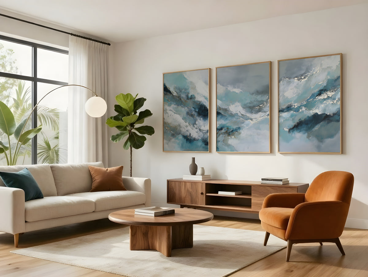 Arctic Light Panorama displayed as three-panel triptych in a premium interior