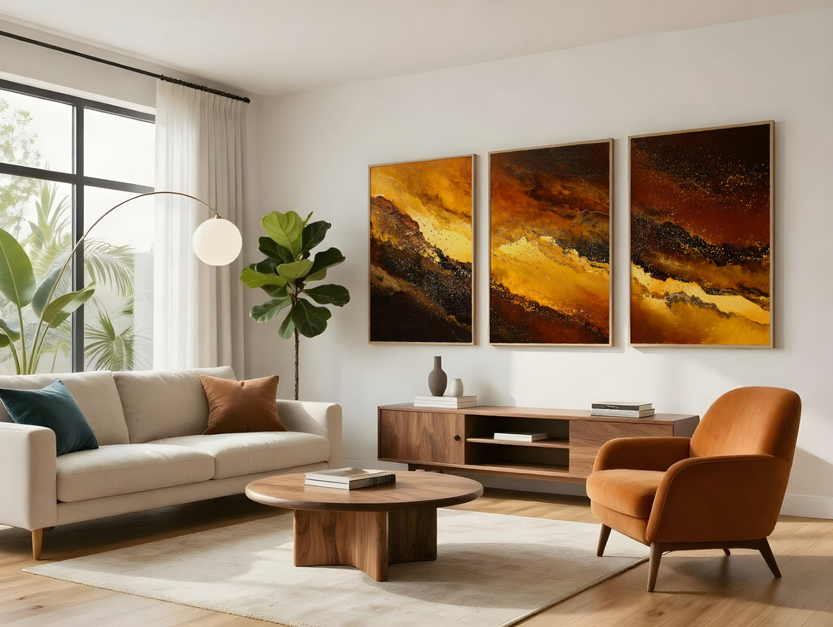 Molten Surge Panorama displayed as three-panel triptych in a premium interior