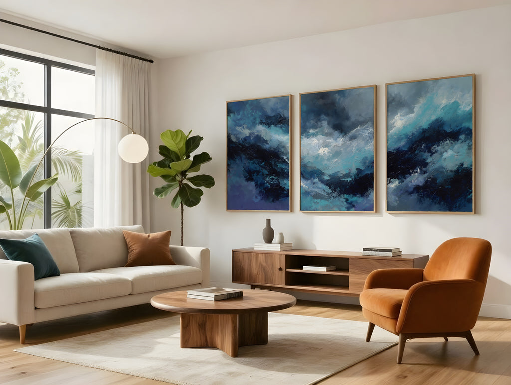Midnight Storm Panorama displayed as three-panel triptych in a premium interior