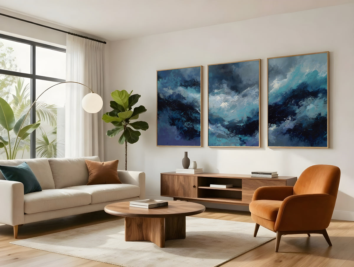 Midnight Storm Panorama displayed as three-panel triptych in a premium interior