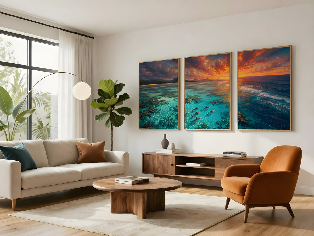 Dolphins In The Lagoon panorama displayed in a styled interior — Mauritius wildlife triptych above sofa