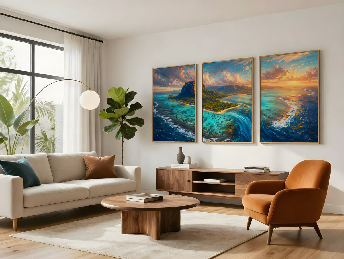 Le Morne Aerial Reef panorama displayed in a styled interior — Mauritius aerial triptych above sofa
