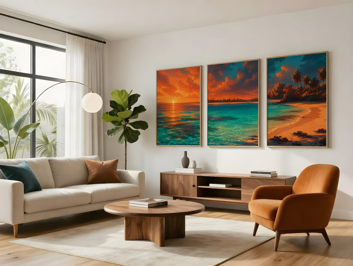 Blue Bay Reef Light panorama displayed in a styled interior — Mauritius tropical coastal triptych above sofa