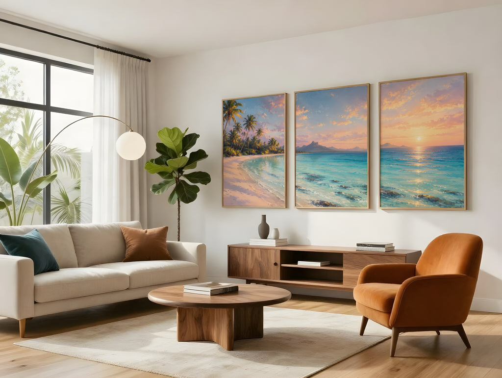 Trou aux Biches Dawn Lagoon panorama displayed in a styled interior — Mauritius coastal triptych above sofa