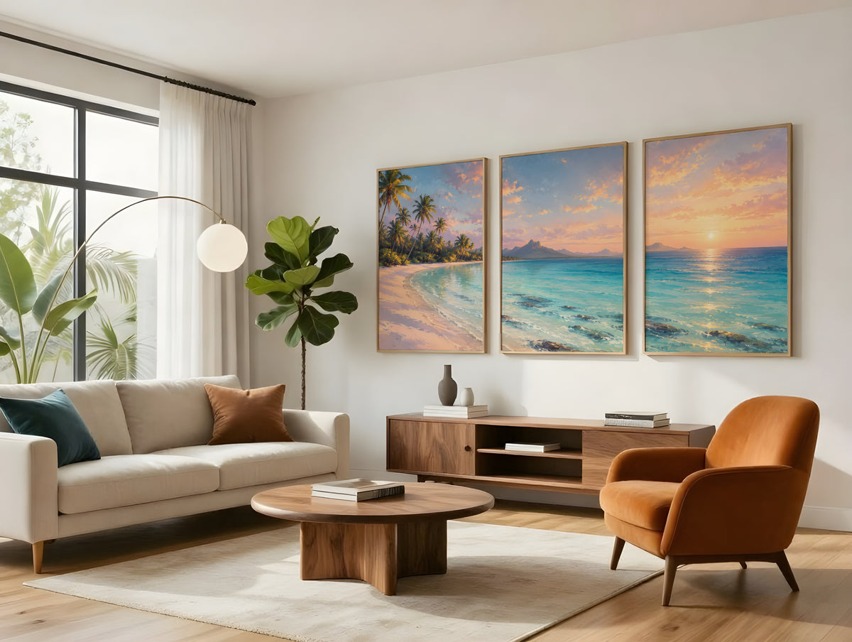 Trou aux Biches Dawn Lagoon panorama displayed in a styled interior — Mauritius coastal triptych above sofa